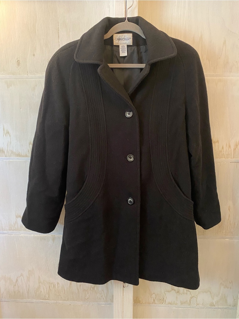 Vtg Cabin Creek Black Wool Women's Single-Breasted Pea Coat with Curved Pockets